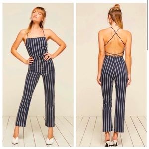 Reformation Rufus Jumpsuit In Capone Navy /white Pin Stripes Size 0 Worn Once!